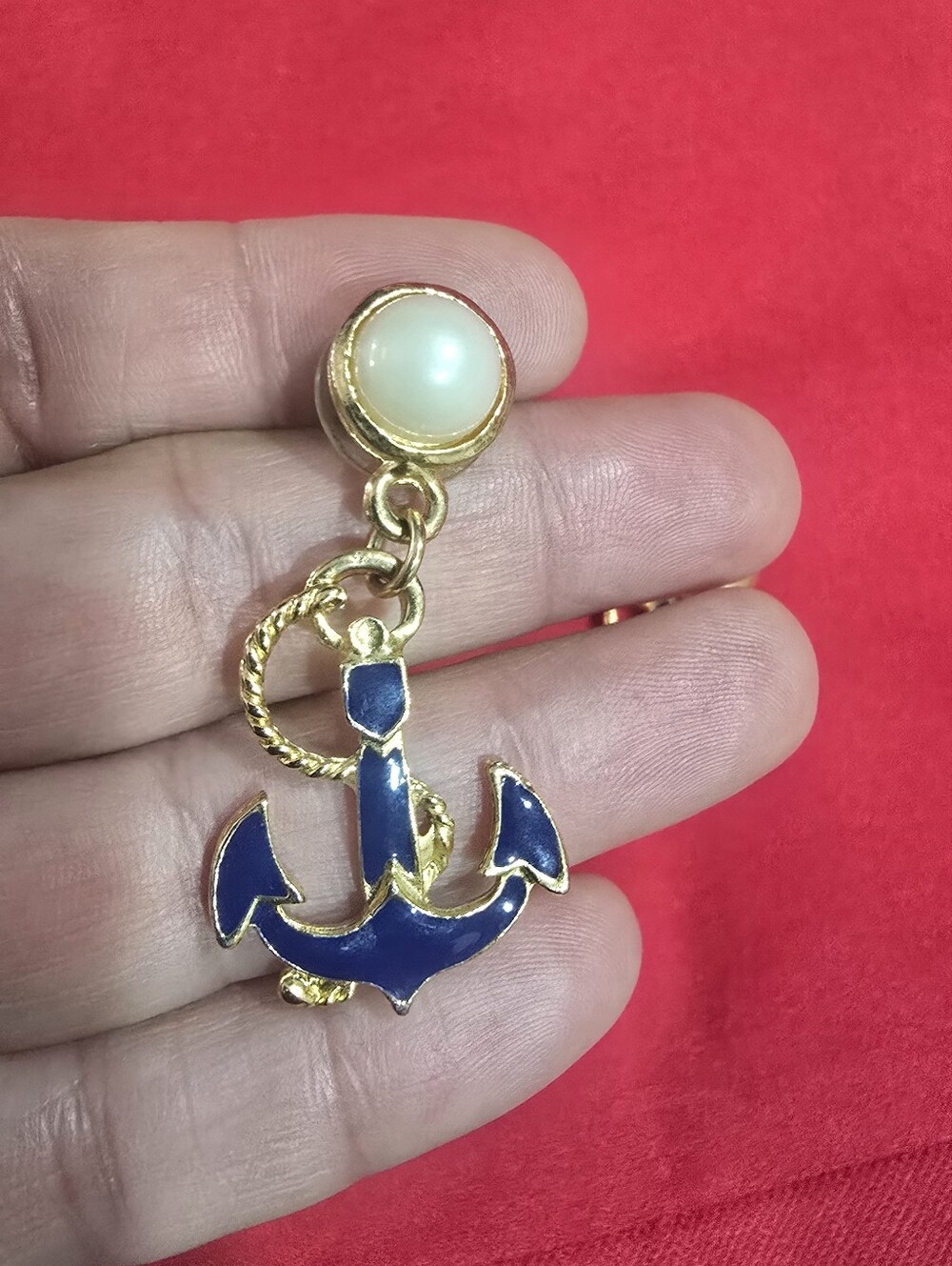 Navy Blue Anchor Drop Earrings with Pearl Stud - Picture 6 of 6